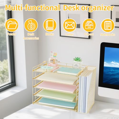 AUPSEN Gold Desk Organizers and Accessories, 5-Tier Desktop Paper File Organizer with Removable File Holder, Desk Accessories & Workspace Organization for Home Office Supplies (Gold) - color: Gold