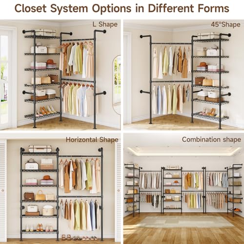 L2 Wall Mounted Closet System, Industrial Pipe Clothing Rack Clothes Racks with 2 Telescopic Rod & 6 Shelves, Heavy Duty Closet Organizers System in Wardrobe Closet, Black - color: Black