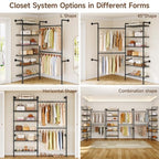 L2 Wall Mounted Closet System, Industrial Pipe Clothing Rack Clothes Racks with 2 Telescopic Rod & 6 Shelves, Heavy Duty Closet Organizers System in Wardrobe Closet, Black - color: Black