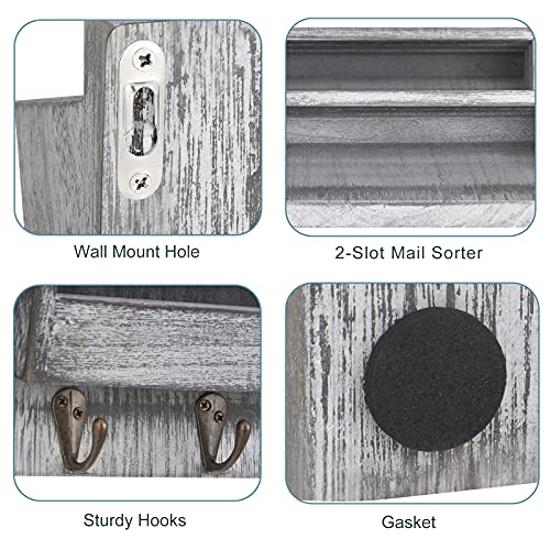 BTY Mail Sorter Wall Mounted, Wooden Mail Holder with 4 Key Hooks, 2 Slot Letter Bills Newspaper Magazine Organizer for Entryroom Hallway Office Garage, Gray White - color: Gray White