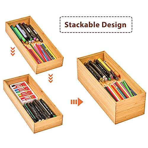 Umilife Bamboo Kitchen Drawer Organizer Boxes with Anti-Skid Silicone Feet, 2pcs Stackable Storage Bins for Kitchen Utensils & Silverware & Desk Drawer & Makeup, Tools Holder, 15”L x 6”W x 2.5”D Each - size: 15 x 6 x 2.5" (Stackable, Set of 2)