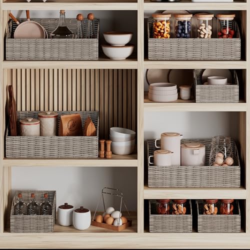 Ollieroo Rattan Storage Baskets, Handwoven Wicker Storage Bins with Built-in Handles, Storage Container Baskets for Shelves, Bedroom, Bathroom, Laundry Room or Kitchen(Grey) - color: Grey
