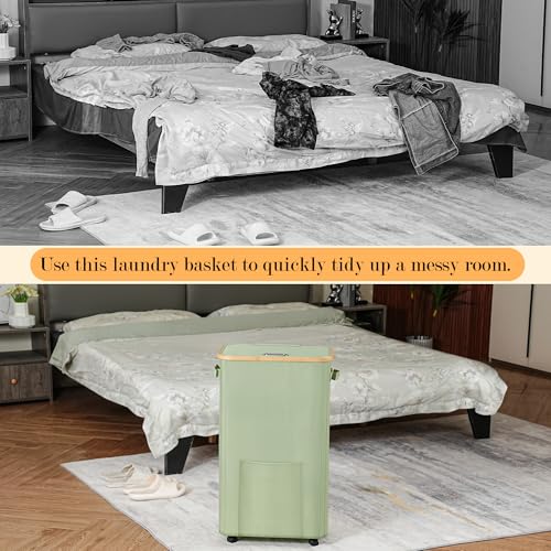 Vincona Laundry Basket with Wheels, Dirty Clothes Hamper on Wheels, Rolling Tall Laundry Hamper with lid for Laundry Room, Dorm and Bathroom, 75L Sage Green - color: Sage Green, size: 75L