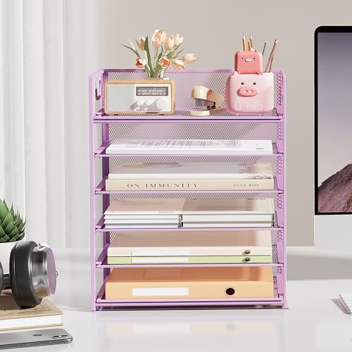 Subekyu 6 Tier Paper File Tray Organizer for Desk, Purple Mesh Desk Letter Paper File Folder Accessories Sorter Organizer with Handle, Stackable Slide Tray for Office, Home or School Supplies Storage - color: Purple