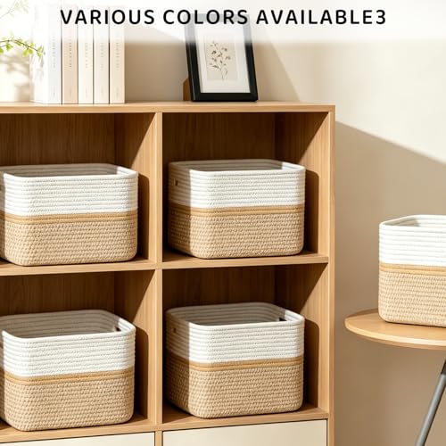 4 Pack Storage Baskets for Organizing, 12''Lx9''Wx8''H Woven Baskets for Storage Toys, Towels, Books, and Clothes, Cotton Rope Basket for Shelves with Handle - color: White & Beige