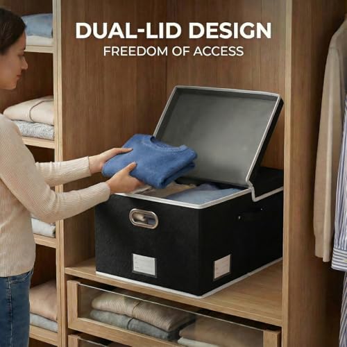 PRANDOM Storage Boxes with Lids [3-Pack] Fabric Collapsible Storage Bins Organizer Containers Baskets Cube with Cover for Home Bedroom Closet Office Nursery Black（23.4X15.9X11.5 - color: Black, size: XL(3-Pack)