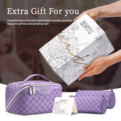 BOYATU Travel Makeup Bag Cosmetic Bags for Women: 3 Pcs Set Large Capacity Make up Bag with Handle - Vegan Leather Toiletry Bags with Compartments - Makeup Organizer for Travel Essentials(A-9-Purple) - color: A-9-Purple