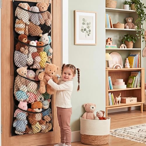 Ofiray-home Over The Door Stuffed Animal Storage, Cotton Toy Organizer for Storage Plush Toys, Stuffed Animal Holder with 4 Large Pockets, Hanging Door Organizer for Nursery, Bedroom (Black) - color: Black, size: Normal