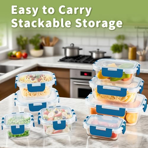 HOMBERKING 8 Pack Glass Food Storage Containers with Lids, Meal Prep Containers, Airtight Bento Boxes with Leak Proof Locking for Microwave, Oven, Freezer and Dishwasher, BPA Free, 5-35oz, Deep blue - color: Deep Blue