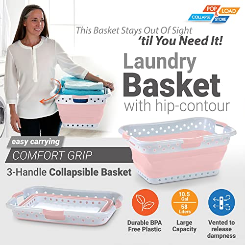 Pop & Load Collapse & Store 1 Large 25" Slim Collapsible Plastic Laundry Basket, Space Saving Portable Pop Up Storage & Organization Basket, 3" High When Folded, 3 Comfort Grip Handles, Blush Pink - color: Blush Pink, size: Large HipHolder - 3 Handles