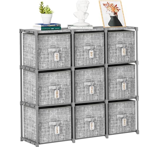 LUKYTOWER Cube Storage Organizer Shelf with Printed Bins + Labels, Cubby Storage Organizer with Bins, Large Capacity Shelves for Storage,Closet, Living Room, Dorm, Yarn (Grey, 9 Cube) - size: 9 Cube
