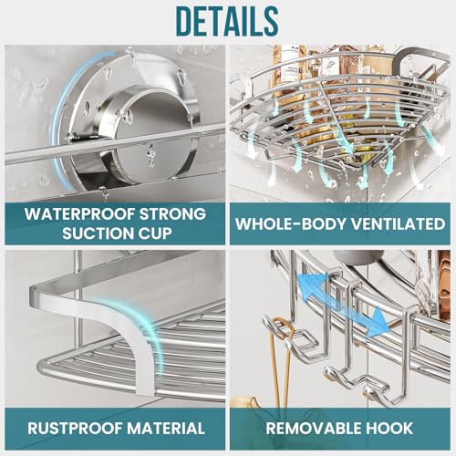 TAILI 2 Pack Powerful Suction Cup Corner Shower Caddy, Stainless Steel Rustproof Shower Shelf with Hook, Drill-Free Wall Mounted Basket, Large Capacity Removable Suction Cup Bathroom Organizer, Silver - style: Corner Caddy, Silver
