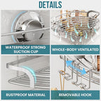 TAILI 2 Pack Powerful Suction Cup Corner Shower Caddy, Stainless Steel Rustproof Shower Shelf with Hook, Drill-Free Wall Mounted Basket, Large Capacity Removable Suction Cup Bathroom Organizer, Silver - style: Corner Caddy, Silver