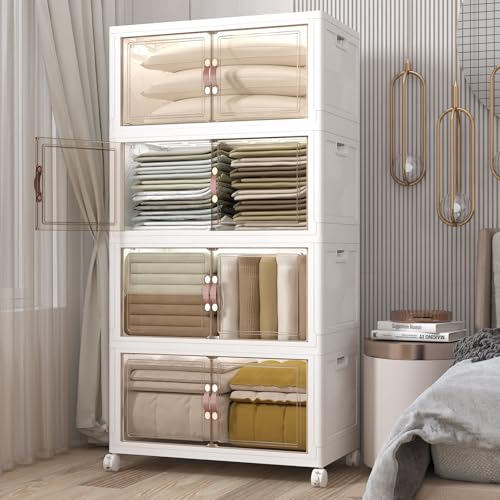 UAMFURI Extra Large Stackable Storage Bins with Lids & Wheels, 672QT-168QT/42GAL*4Pack Foldable Collapsible Closet Organizers Storage Cabinet with Doors for Bedroom Dorm - color: white, size: 4PACK-30"W20"D65"H