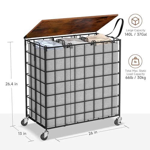Laundry Basket with Wheels, Heavy Duty Laundry Sorter 3 Sections, 140L (37Gal.) Large Capacity Laundry Hamper with Wood Lid, 360 Rolling Wheels, Extra Side Pocket, Leather Pull Handle (Grey) - color: Grey, size: 140L