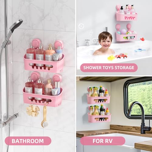 LEVERLOC Shower Caddy Suction Cup 2 Pack, Shower Organizer Removable Bathroom Shelf, Storage for Inside Shower Powerful Suction Max Hold 22lbs Waterproof Holder, Pink - color: pink, size: 2 x Medium