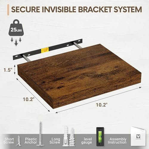 Vivelove 10 Inch Deep Floating Shelves 10 inch Long, 10 x 10 Wide Wall Shelves with Invisible Brackets, for Bedroom Bathroom Living Room Kitchen Office, Farmhouse Home Decor, Set of 2, Rustic Brown - color: Rustic Brown, size: 10.2”Wx10.2”Dx1.5”H