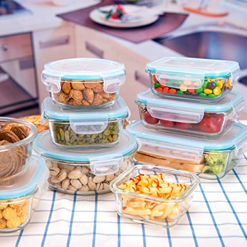 AILTEC Glass Food Storage Containers with Lids, [18 Piece] Glass Meal Prep Containers, Containers for Food Storage with Lids, BPA Free & Leak Proof (9 Lid & 9 Container) - color: clear