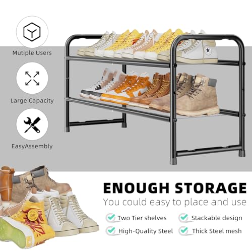 SUFAUY 2-Tier Mesh Shoe Rack, Closet Metal 33" Wide Shoe Shelf Heavy Duty, Black - color: Black, size: 2 Tier