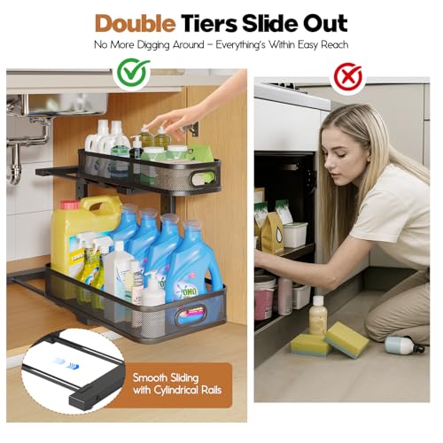 2 Pack 17.3IN-Depth Under Sink Organizer with Smooth Cylindrical Rail,2-Tier Pull Out Multi-Purpose Cabinet Storage for Bathroom&Kitchen,Height Adjustable,Rust-Resistant Coating-Black - color: Black, size: 2 Pack-17.3"Dx11"-16.14"H