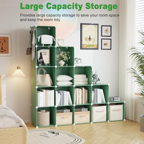 C&AHOME Cube Storage Organizer, 16-Cube Shelves Units, Plastic Storage Cubes, DIY Closet Organizer, Modular Closet Storage Shelves Ideal for Home, Bedroom, 48.4" L × 12.4" W × 48.4" H Green UPCS16GN - color: Green