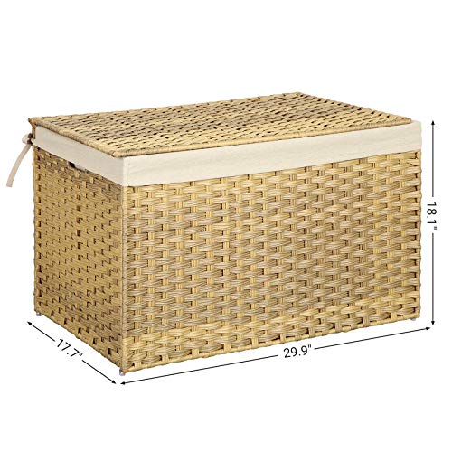 SONGMICS Storage Basket with Lid, Woven Blanket Storage Bin with Handles, Foldable, Removable Liner, Metal Frame, for Bedroom, Laundry Room, 42.3 Gallons (160 L), Natural URST76NL - color: Natural, size: 160 L
