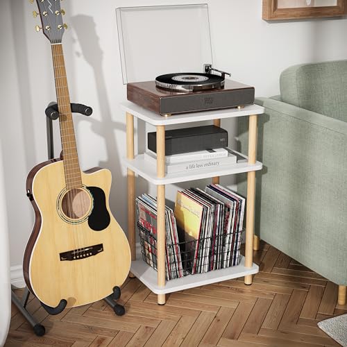 Apicizon 3 Tier Nightstand, End Table with Storage Shelf, Wooden Vinyl Record, Farmhouse Bedside Table for Small Spaces, Bedroom, Living Room, Easy Assembly, White+Natural - color: White+natural, size: 1 Set, style: 3 Tier
