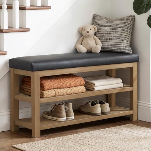 Zihanhome Shoe Rack Bench with Leather Cushion, 2 Tier Solid Wood Storage Bench, Mid-Century Modern Shoe Bench for Entryway, Hallway, Closet, Front Door Entrance, Foyer (Black, 46.5) - color: Black, size: 46.5"