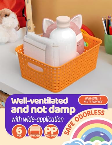 WYT 6-Pack Plastic Small Shelf Storage Weave Baskets Organizing for Cabinets and Pantries, Orange - color: Orange, size: 6-Pack