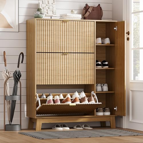 Shoe Cabinet Storage for Entryway with 3 Flip Drawers & Side Cabinet, Fluted Narrow Shoe Organizer with Wooden Leg, Freestanding Shoe Storage Hidden Shoe Rack Organizer for Front Door Entrance, Oak - color: Oak, size: 3 Drawer with Door