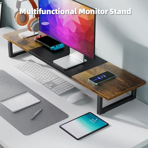 Simple Trending 38 Inch Dual Monitor Stand Riser, Wood and Steel Desktop Organizer for Home Office, Wood and Blck - color: Rustic Brown and Black