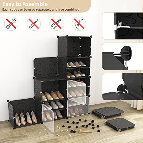 Portable Shoe Rack Organizer with Door, 48 Pairs Shoe Storage Cabinet Easy Assembly, Plastic Adjustable Shoe Organizer Stackable Detachable Free Standing Shoe Rack DIY Expandable 8 Tier Black - color: Black, size: 48" Wide-48 Pairs