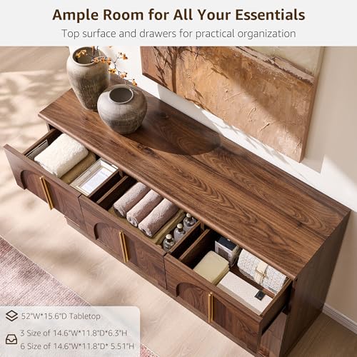 ACCOHOHO Arched Dresser for Bedroom with 9 Drawers, 52" Wide Modern Chest of Drawers with Rounded Edge & Metal Handles, Wood Storage Closet Dressers TV Stand for Living Room, Hallway, Brown - color: Brown, size: 15.6"D x 52"W x 32"H (9 Drawers)