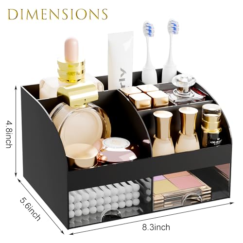 Makeup Organizer with 2 Drawers, Cosmetic Storage for Dresser Vanity and Bathroom Countertop,Make up organization and Skincare Storage with Beauty Brush Holder, Cosmetic Display Case (Black) - color: Black