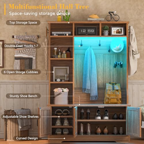 CSZZD Hall Tree with Bench and Shoe Storage, Farmhouse Entryway Bench with Coat Racks and Led Lights, Tall Hall Tree with 7 Coat Hooks, 6 Storage Cubbies, Adjustable Shelf - color: Caramel Oak, size: 39.4"