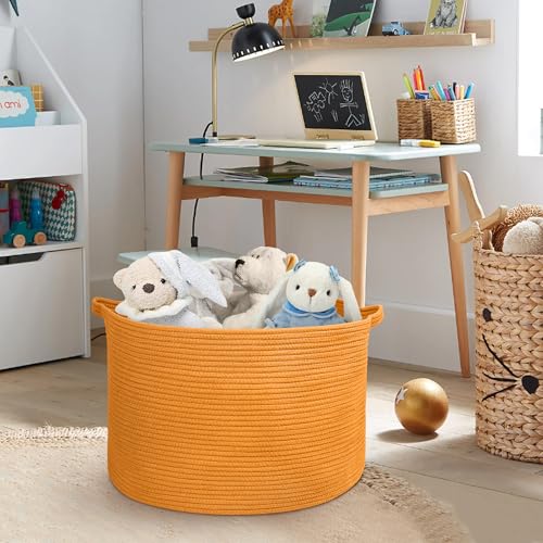MEGASKET Extra Large Orange Basket, 22" X 22" X 14" Woven Cotton Rope Bins for Blankets, Baby Nursery Wicker Laundry Towel Basket, Kids Dog Toy Storage Box, Big Orange Living Room Decor Organizer - color: Orange, size: 22"x22"x14"