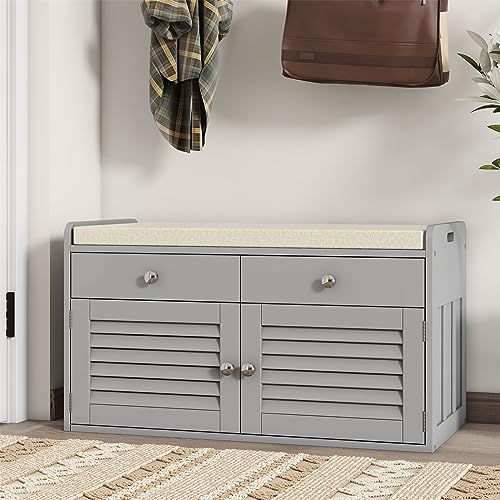 WARMHONIU Shoe Storage Bench with 2 Drawers, Entryway Bench with Cushion, Adjustable Shelves, Shoe Rack Bench with Louvered Doors for Entryway, Bedroom, Hallway, White - color: Grey, style: 2 Drawers Storage