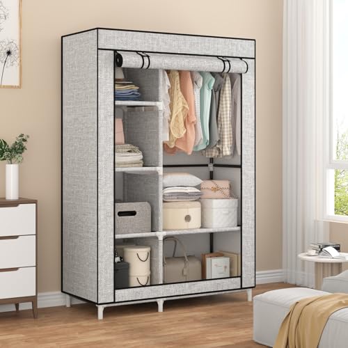 Calmootey Portable Closet Organizers, Clothing Storage, Wardrobe with 6 Shelves and Hanging Rod, Non-Woven Fabric Cover with 4 Side Pockets, Ash Grey - color: Ash Grey