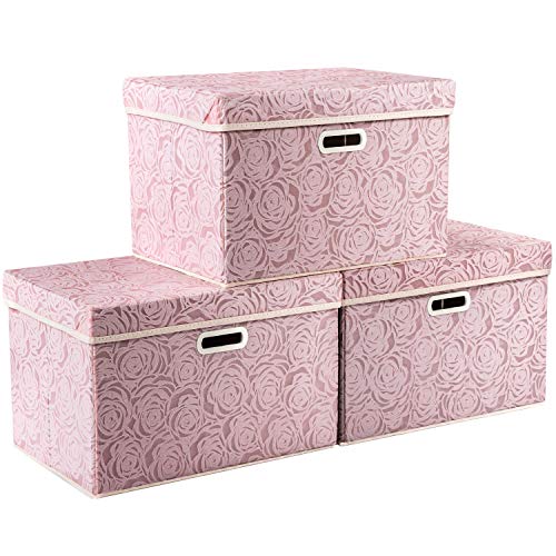 PRANDOM Larger Collapsible Storage Boxes with Lids Fabric Decorative Bins Cubes Organizer Containers Baskets Handles Divider for Bedroom Closet Living Room Pink 17.7x11.8x11.8 Inch 3 Pack - color: Pink, size: Large(3-Pack)