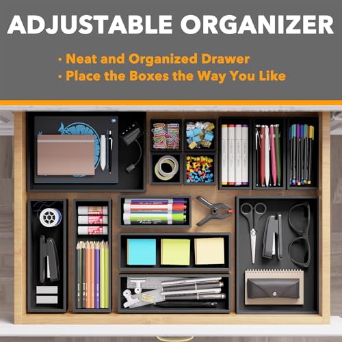 SpaceAid 14-Piece Bamboo Drawer Organizer Storage Boxes Set, Wood Tray Junk Drawer Organizers Multi-Use Divider Bins for Kitchen, Bathroom, Office Desk and Makeup Organization (14 Pack, Black) - color: Black