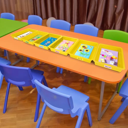 ShineMe 6 Pack Paper Trays for Classroom, Yellow Plastic Book Bins with Colorful Labels, Stackable Letter Size Storage Tray, Desk Organizer Tray for Home, School and Office - color: Yellow