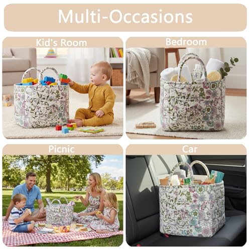 Quilted Fabric Storage Baskets with Handles, Boho Floral Gift Basket Foldable Organizer Bin for Home Decor, Picnic, Travel 12''x10''x10'' (Purple) - color: Purple