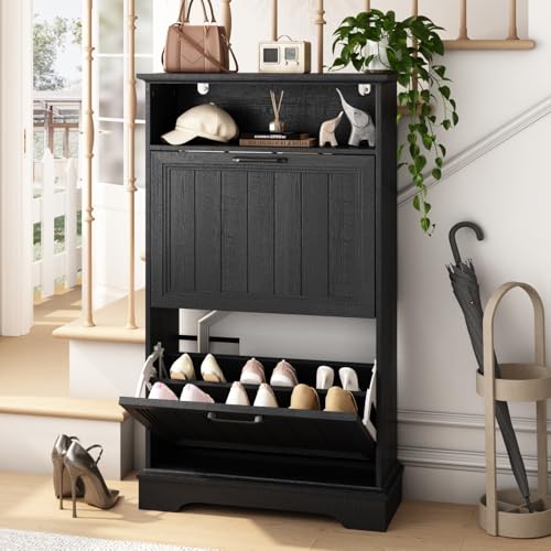Shoe Storage Cabinet with 2 Flip Drawers, 24" W Farmhouse Modern Hidden Shoes Rack Cabinet with Adjustable Shelves & Open Storage, Narrow Slim Shoe Organizer for Front Door Entrance, Entryway, Black - color: Black, size: 2-Drawers