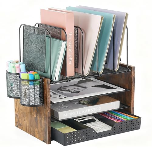 AUPSEN Desk Organizer with 5 Vertical File Holders, Storage Drawer & 2 Pen Holders, 5 Trays Paper Letter Tray Organizer, Mesh Desk Organizers and Accessories for Home Office (Vintage wood) - color: Vintage wood