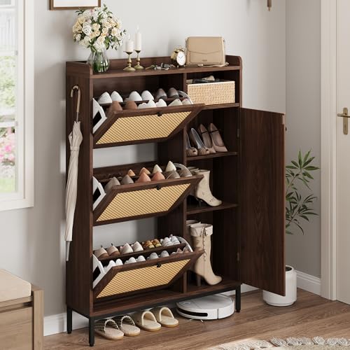 GarveeHome Shoe Cabinet Rattan with 3 Flip Drawers and 4-Tier Shoe Storage Cabinet, Freestanding Shoe Organizer with Adjustable Shelves for Entryway, Closet, Hallway - color: Walnut, size: 3-Drawers + 1-Door