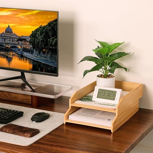 MultiBey A4 Bamboo Stackable Paper Tray 2-Pack, 2-Tier Anti-Toppling Desk Organizer, Wooden Letter Document Magazine Tray Desktop File Folder Holder for Office & Home Supplies