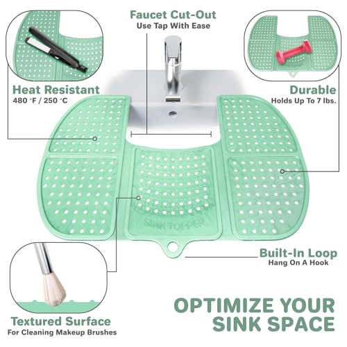 Sink Topper Bathroom Counter Cover & Storage Saver, Foldable Silicone Mat for Hot Tools, Hair Styling & Makeup, Beauty Brush Cleaning Mat, RV Camper Sink Cover & for Small Spaces (Standard Green) - color: Emerald Green, size: Standard