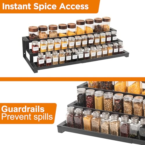 3-Tier Spice Rack Organizer for Kitchen Cabinet or Pantry, 16"-29" Expandable Spice Organization Shelf, Seasoning Organizer, Metal Display Shelf, Slip-Resistant Design for Jars and Bottles, Black - size: Small-Black- Fits 9.25" Deep Cabinet