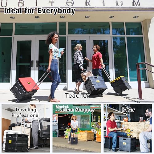 dbest products Quik Cart Collapsible Rolling Crate on Wheels for Teachers Tote Basket 80 lbs Capacity, Made from Heavy Duty Plastic Used as a Seat, Black - color: Black, style: Standard