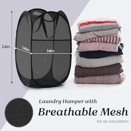 Collapsible Mesh Pop Up Laundry Hamper with Sturdy Handles and Side Pocket - Portable Foldable Clothes Baskets for Dorm, Bathroom & Travel Storage (Black) - color: Black, size: 1 Pack